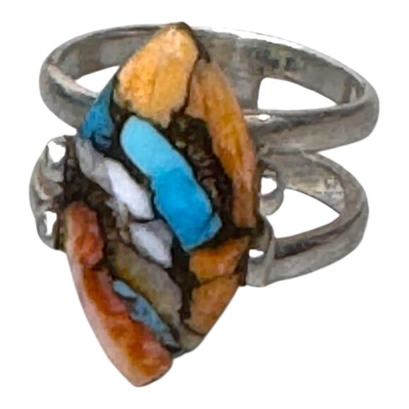 Southwestern Sterling Silver Marquise Inlay Ring Turquoise Spiny Oyster Shells 7 - Picture 7 of 9